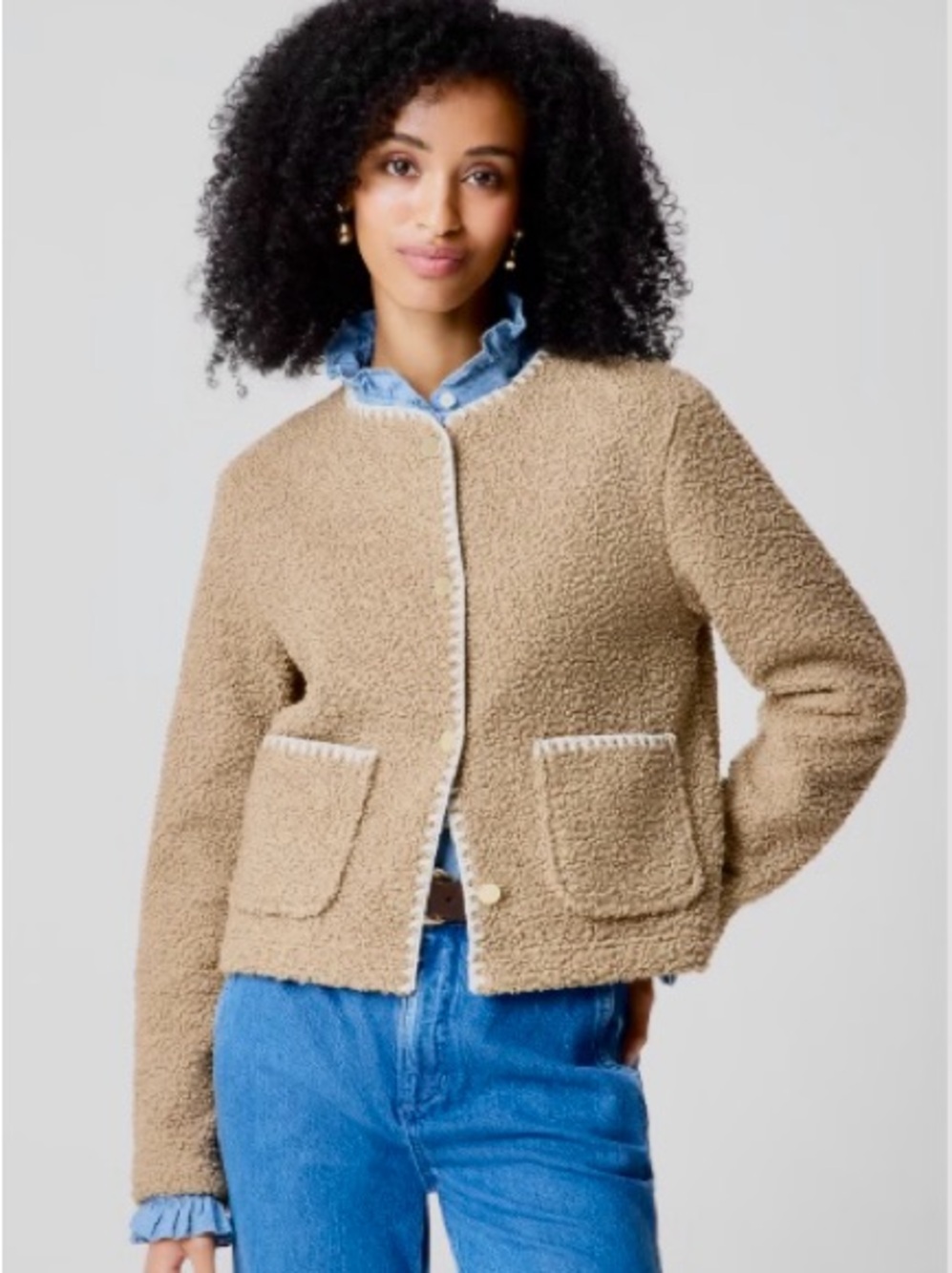 J. Crew Factory Camel Sherpa Blanket-Stitch Jacket with Contrast Trim, Sz Large - Picture 3 of 9